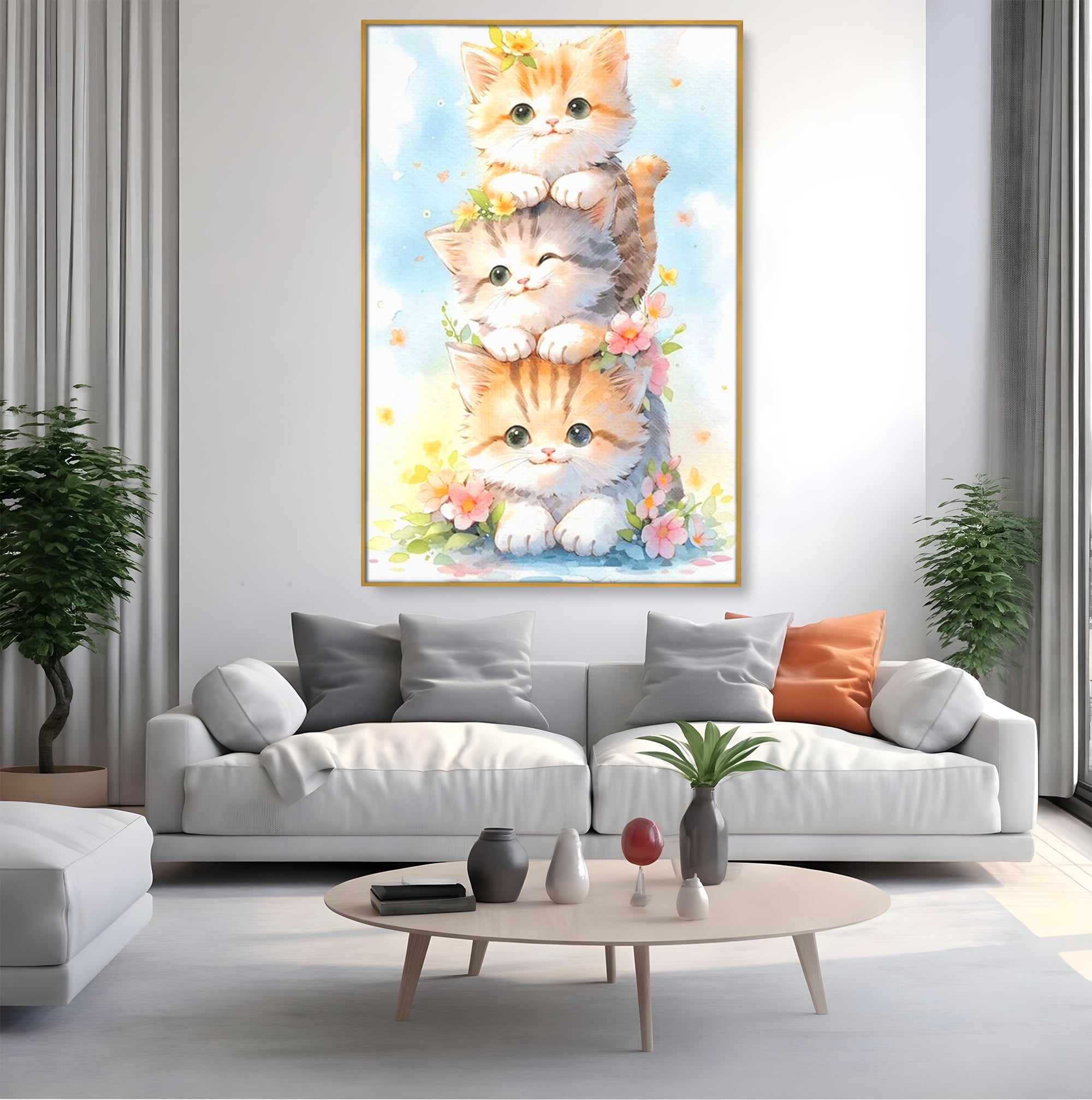 Tablou canvas cu turn vertical cu trei pisicute pufoase, in rama de aluminiu auriu, pe perete intr-un living